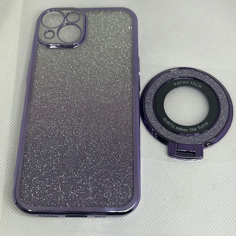 Magnetic Gradient Glitter Ring Soft Phone Case For iPhone 14 Stand Mobile